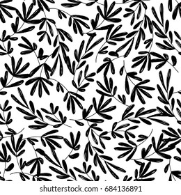 Hand drawn seamless vector monochrome leaf pattern.  Hand illustrated botanical design on white background.