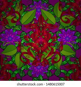 Hand drawn seamless. Vector palm and diverse leaves on purple, red and green background. Perfect for fabric, wallpaper or giftwrap.