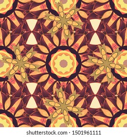 Hand drawn seamless. Vector palm and diverse leaves on beige, yellow and purple background. Perfect for fabric, wallpaper or giftwrap.