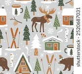 Hand drawn seamless vector pattern with forest animals and pine trees. Snowy winter woodland landscape with cute moose, bear and ski lodge. EPS 10 vector file. Perfect for textile, wallpaper, print. 