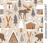 Hand drawn seamless vector pattern with forest animals and pine trees. Snowy winter woodland landscape with cute moose, bear and ski lodge. EPS 10 vector file. Perfect for textile, wallpaper, print. 