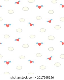 Hand drawn seamless vector pattern with fluffy clouds and hearts flying on angel wings, on a white background. Design concept for Valentine's day, kids textile print, wallpaper, wrapping paper.