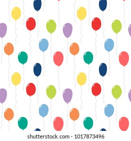Hand drawn seamless vector pattern with colorful flying balloons, on a white background. Design concept for birthday party, celebration, kids textile print, wallpaper, wrapping paper.
