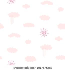 Hand drawn seamless vector pattern with pink sun and rain falling from a cloud, on a white background. Design concept for spring, summer, kids textile print, wallpaper, wrapping paper.