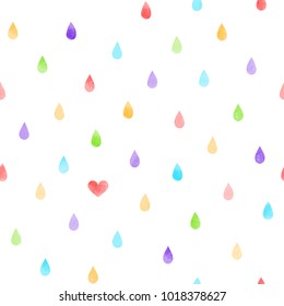 Hand drawn seamless vector pattern with watercolor rain drops and a heart, on a white background. Design concept kids textile print, wallpaper, wrapping paper.