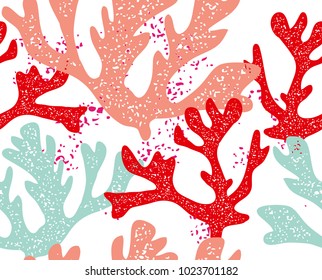 Hand drawn seamless vector pattern. Trendy pattern with corals and algae on a white background for printing, fabric, textile, manufacturing, wallpapers. Sea bottom.
