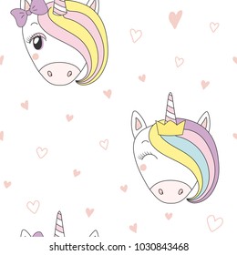 Hand drawn seamless vector pattern with cute unicorn girl faces in a crown, with a bow, on a white background with hearts. Design concept for children, textile print, wallpaper, wrapping paper.