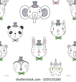 Hand drawn seamless vector pattern with cute animal boy faces in hats, ties, on a white background. Design concept for children, textile print, wallpaper, wrapping paper.
