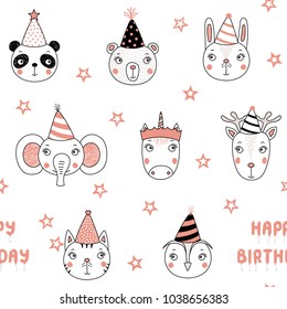 Hand drawn seamless vector pattern with cute animal faces in party hats, Happy Birthday balloons, on a white background with stars. Design concept for kids, textile print, wallpaper, wrapping paper.