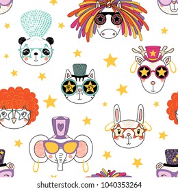 Hand drawn seamless vector pattern with cute animal faces in funky hats, glasses, on a white background with stars. Design concept for children, textile print, wallpaper, wrapping paper.