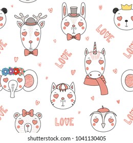 Hand drawn seamless vector pattern with cute animal faces with heart shaped eyes, text Love, on a white background. Design concept for children, textile print, wallpaper, wrapping paper.