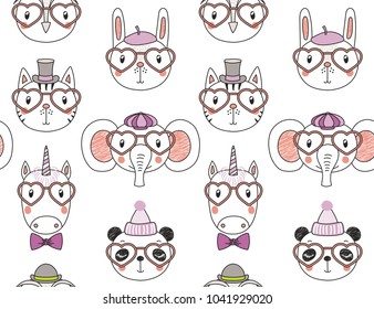 Hand drawn seamless vector pattern with cute animal faces in heart shaped glasses, different hats, on a white background. Design concept for children, textile print, wallpaper, wrapping paper.