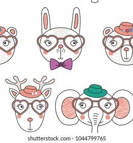 Hand drawn seamless vector pattern with cute animal faces in heart shaped glasses, different hats, on a white background. Design concept for children, textile print, wallpaper, wrapping paper.