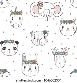 Hand drawn seamless vector pattern with cute animal girl faces with flowers, on a white background with polka dots. Design concept for children, textile print, wallpaper, wrapping paper.