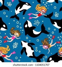 Hand drawn seamless vector pattern with cute dolphins and diving girls. Repetitive wallpaper on dark blue background. Perfect for fabric, wallpaper, wrapping paper or nursery decor.