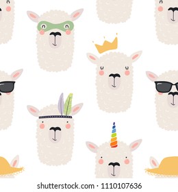 Hand drawn seamless vector pattern with different cute llama faces, on a white background. Scandinavian style flat design. Concept for children, textile print, wallpaper, wrapping paper.