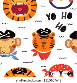 Hand drawn seamless vector pattern with different cute pirate animals, on a white background. Scandinavian style flat design. Concept for children, textile print, wallpaper, wrapping paper.