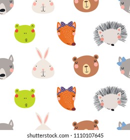 Hand drawn seamless vector pattern with different cute woodland animals faces, on a white background. Scandinavian style flat design. Concept for children, textile print, wallpaper, wrapping paper.