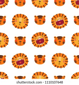 Hand drawn seamless vector pattern with cute lion and tiger faces, on a white background. Scandinavian style flat design. Concept for children, textile print, wallpaper, wrapping paper.