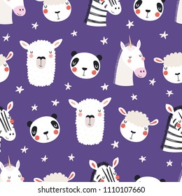 Hand drawn seamless vector pattern with different cute sleepy animals, stars, on a violet background. Scandinavian style flat design. Concept for children, textile print, wallpaper, wrapping paper.