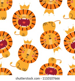 Hand drawn seamless vector pattern with cute lions in crowns, on a white background. Scandinavian style flat design. Concept for children, textile print, wallpaper, wrapping paper.