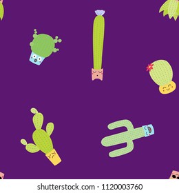 Hand drawn seamless vector pattern with cute different cacti in flower pots with kawaii faces, on a violet background. Flat style design. Concept for floral textile print, wallpaper, wrapping paper.