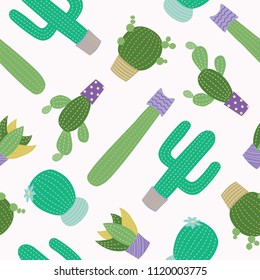 Hand drawn seamless vector pattern with cute different cacti in flower pots, on a white background. Flat style design. Concept for floral textile print, wallpaper, wrapping paper.