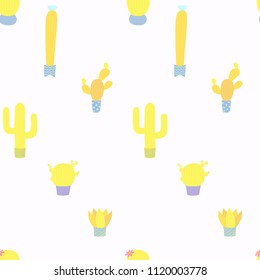 Hand drawn seamless vector pattern with cute different cacti in flower pots, on a white background. Flat style design. Concept for floral textile print, wallpaper, wrapping paper.