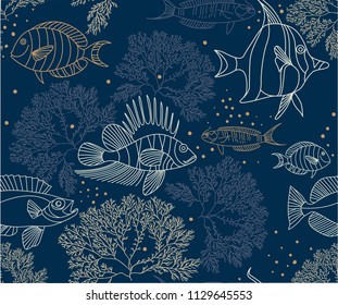 Hand drawn seamless vector pattern. Trendy pattern with fishes and algae on a blue background for printing, fabric, textile, manufacturing, wallpapers. Sea bottom