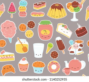Hand drawn seamless vector pattern with kawaii funny sweet food stickers of cake, cookies, ice cream, candy, jam, macarons. Line drawing. Design concept kids textile print, wallpaper, wrapping paper.