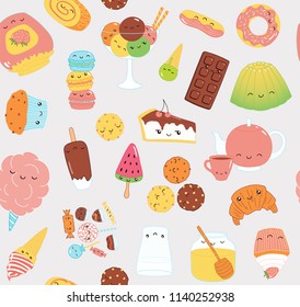 Hand drawn seamless vector pattern with kawaii funny sweet food doodles of cake, cookies, ice cream, candy, jam, macarons. Line drawing. Design concept kids textile print, wallpaper, wrapping paper.