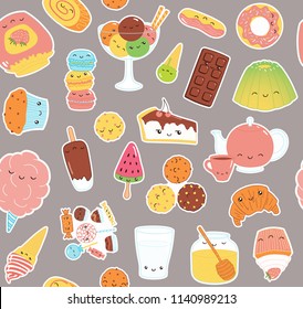 Hand drawn seamless vector pattern with kawaii funny sweet food stickers of cake, cookies, ice cream, candy, jam, macarons. Line drawing. Design concept kids textile print, wallpaper, wrapping paper.