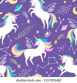 Hand drawn seamless vector pattern with cute unicorns, stars and planet. Repetitive wallpaper on purple background. Perfect for fabric, wallpaper, wrapping paper or nursery decor.