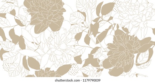 Hand drawn seamless vector pattern. Golden peonies and leaves on a white background for printing, fabric, textile, manufacturing, wallpapers.