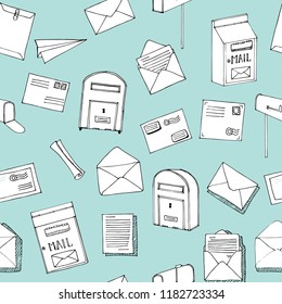Hand drawn seamless vector pattern. Mail, post, letter, envelope, paper plane,mailbox cartoon Set. Vector illustration. Mail and post in sketch style. Delivery Doodle decorative elements.