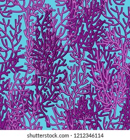Hand drawn seamless vector pattern. Trendy pattern with corals and algae on a blue background for printing, fabric, textile, manufacturing, wallpapers. Sea bottom.
