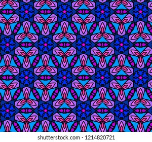 A hand drawn seamless vector pattern with flowers and leafs.  A seamless vector pattern in blue and pink colors.