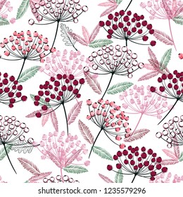 Hand drawn seamless vector pattern. Fall/winter line flowers and berries design for fashion,fabric.wallpaper and all prints on white  background. 