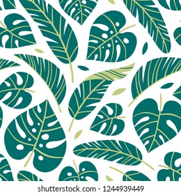 Hand drawn seamless vector pattern with tropical palm leaves on white background.