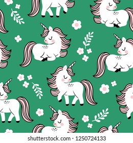 Hand drawn seamless vector pattern with cute baby unicorns and flowers on green background. Perfect for fabric, wrapping paper or nursery decor.