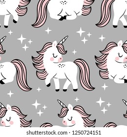 Hand drawn seamless vector pattern with cute baby unicorns and stars on grey background. Perfect for fabric, wrapping paper or nursery decor.