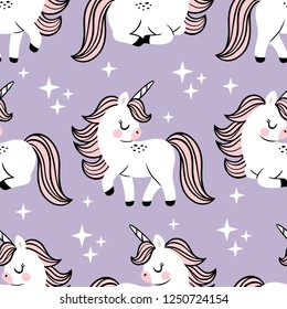 Hand drawn seamless vector pattern with cute baby unicorns and stars on purple background. Perfect for fabric, wrapping paper or nursery decor.