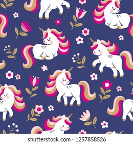 Hand drawn seamless vector pattern with cute baby unicorns and flowers on dark blue background. Perfect for fabric, wrapping paper or nursery decor.