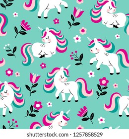 Hand drawn seamless vector pattern with cute baby unicorns and flowers on light blue background. Perfect for fabric, wrapping paper or nursery decor.