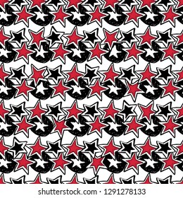 Hand drawn seamless vector pattern. Rock-n-roll and punk symbols and accessories, stars,vinyl records. 