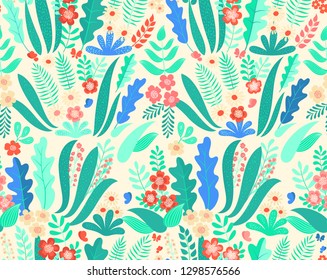 Hand drawn seamless vector pattern with colorful abstract flowers, leaves, plants and butterfly on light  background. Perfect for fabric, wrapping paper, wallpaper or other decor.