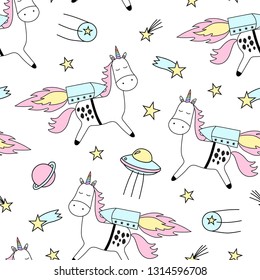 Hand drawn seamless vector pattern with cute unicorns, stars and planet. Repetitive wallpaper on white background. Perfect for fabric, wallpaper, wrapping paper or nursery decor.