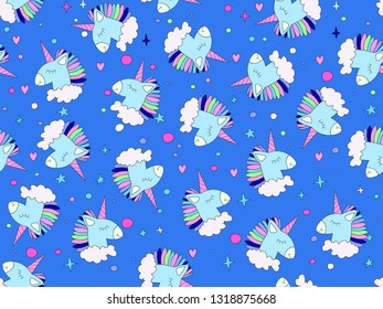 Hand drawn seamless vector pattern with cute unicorns, clouds and stars. Cute hand drawn unicorn vector pattern with rainbow mane and green clouds. Magical positive little girl seamless pattern with