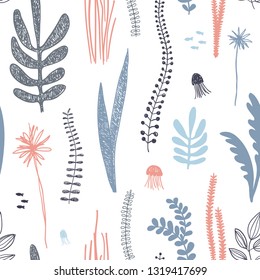 Hand drawn seamless vector pattern. Trendy pattern with algae and jellyfish on a white background for printing, fabric, textile, manufacturing, wallpapers.
