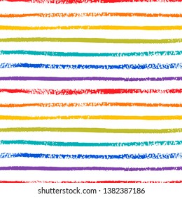 Hand drawn seamless vector pattern. Abstract pride rainbow ornament with straight lines. Multicolor strips placed in close spaced horizontal rows on white. Texture for flag fabric, textile, wrapping